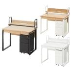 メティオ システムデスク 木製デスク 引き出し付き 幅1000mm + ワゴン 3段 幅310mm + 机上ラック セット【ホワイト×ホワイト:販売終了】