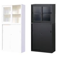 【ブラック:10月中旬入荷予定】【国産】 スチール書庫 上下セット ガラス引戸+引戸 鍵付き ホワイト ブラック 幅880×奥行380×高さ1860mm スチールキャビネット オフィス 収納 事務所