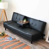 3人掛け ソファ ソファベッド ドリンクホルダー付き 折りたたみ リクライニング ローソファ レザー調 ブラック 幅1830×奥行750×高さ790mm