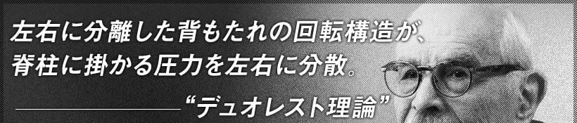 左右に分離した背もたれの回転構造が、脊柱に掛かる圧力を左右に分散。デュオレスト理論