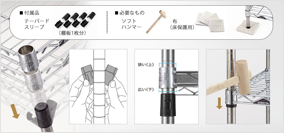 ボルトやネジが不要!ソフトハンマー1本だけで簡単組み立て