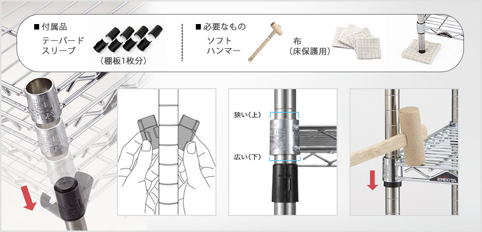 ボルトやネジが不要!ソフトハンマー1本だけで簡単組み立て