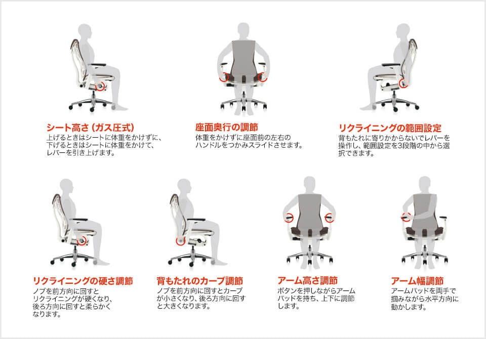 身長や体格、ワークスタイルの違いにもフィットするアジャスタブル機能