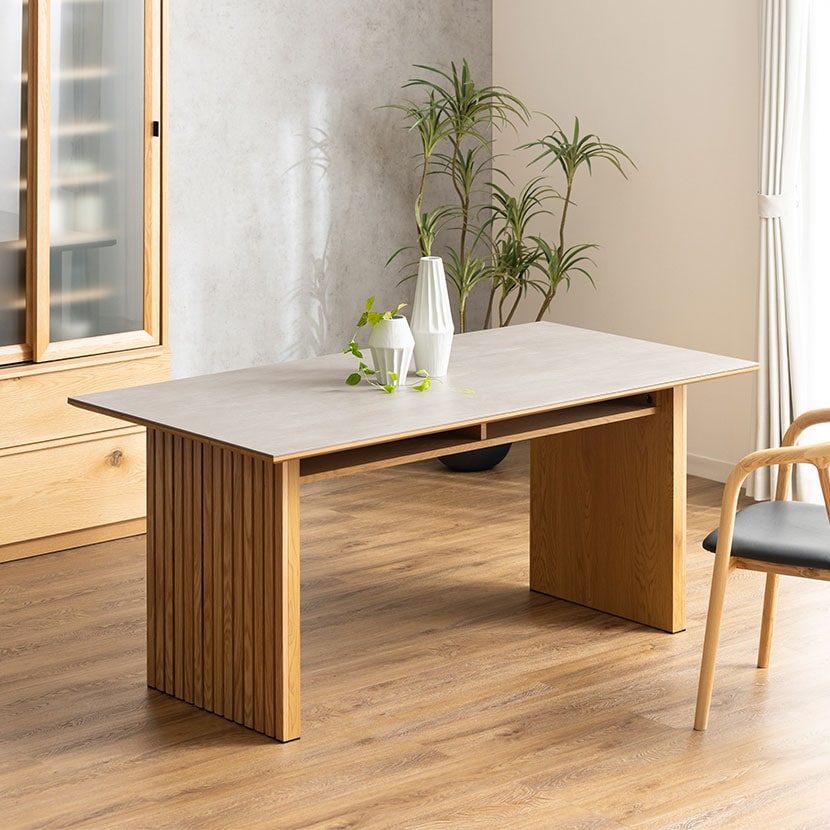 送料無料】 ダイニングテーブル セラミック天板 収納棚付き 格子状脚 4