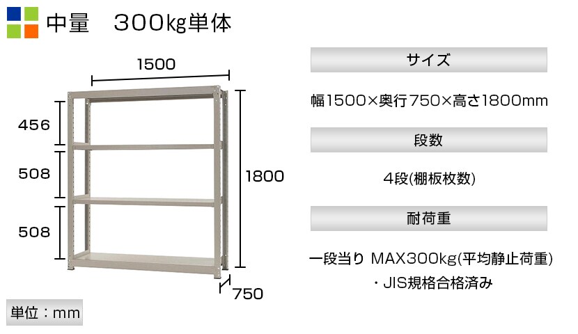 スチールラック 4段/幅1500×奥行750×高さ1800mm/KT-KRM-157518-S4の通販 | オフィスコム 中量 300kg-単体 通販お得