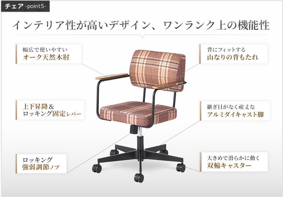 機能性と座り心地はハイグレードに、チェック柄でアットホームな温かみを