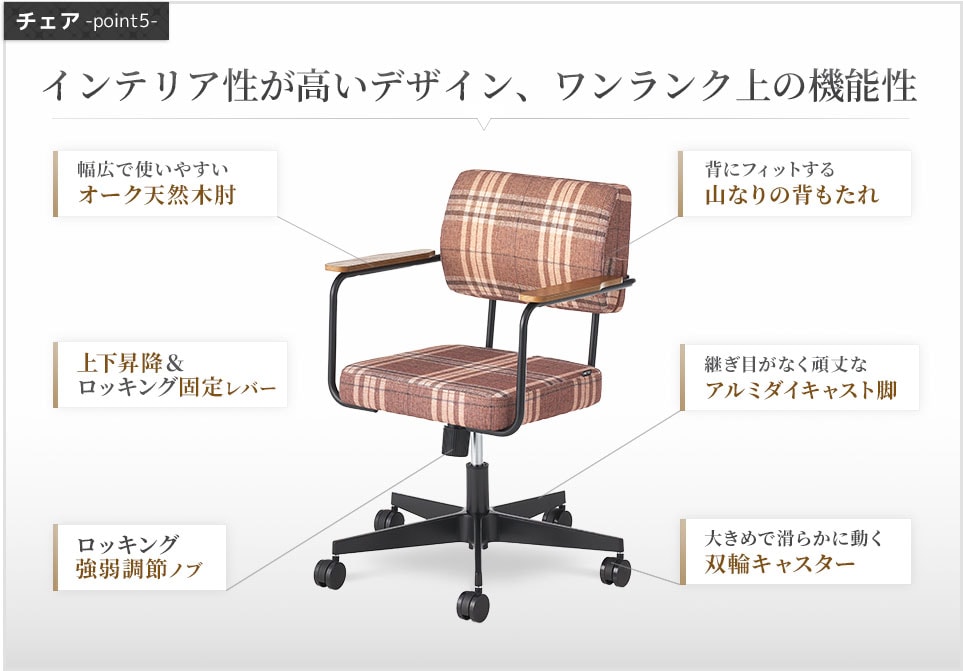 機能性と座り心地はハイグレードに、チェック柄でアットホームな温かみを