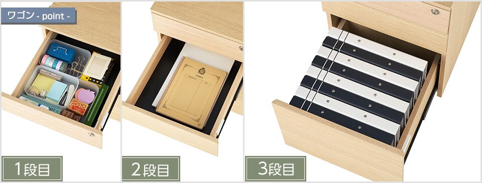 収納物に応じて分けられる3段タイプ