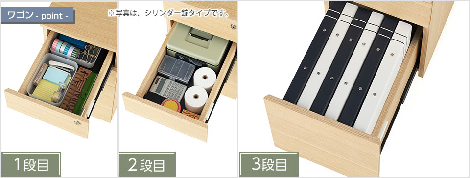 収納物に応じて分けられる3段タイプ