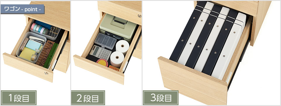 収納物に応じて分けられる3段タイプ