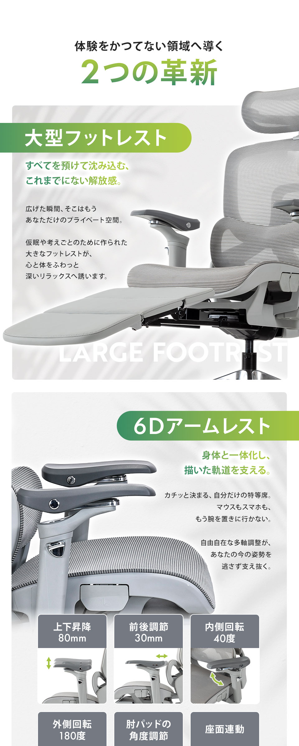 体験をかつてない領域へ導く2つの革新。すべてを預けて沈み込む、これまでにない解放感の大型フットレスト。身体と一体化し、 描いた軌道を支える6Dアームレスト。