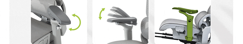 上下昇降80mm、前後調節30mm、内側回転40度、外側回転180度、肘パッドの角度調節、座面連動。