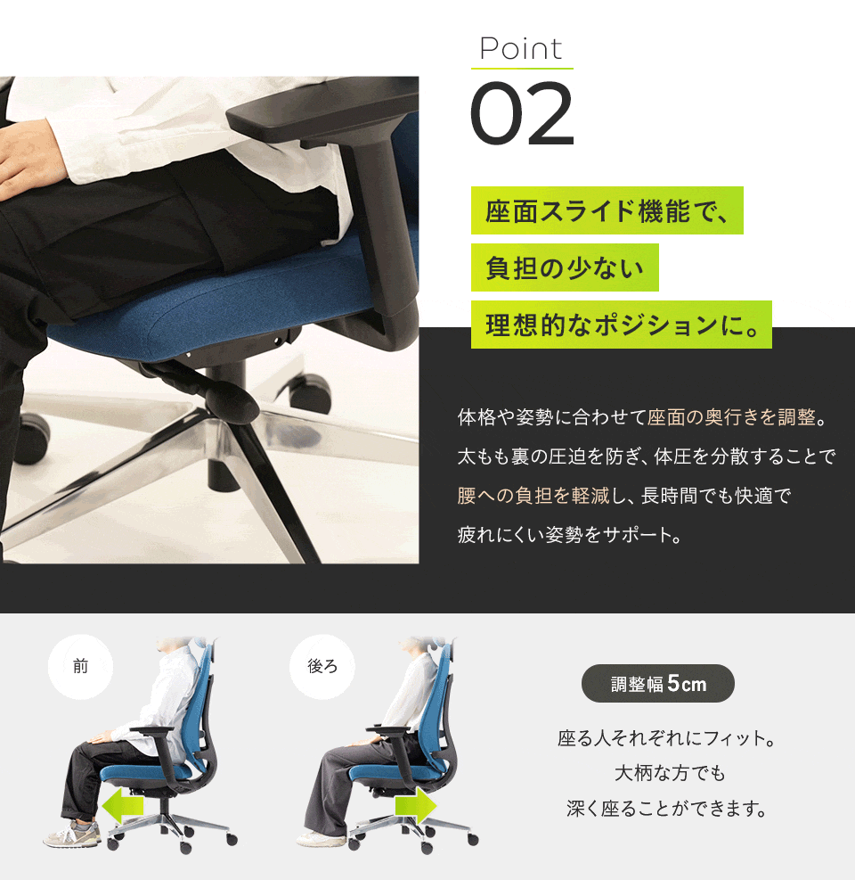 座面スライド調整レバーの操作イメージ。体格に合わせて座面の奥行きを変え、太もも裏の圧迫を防ぐ。