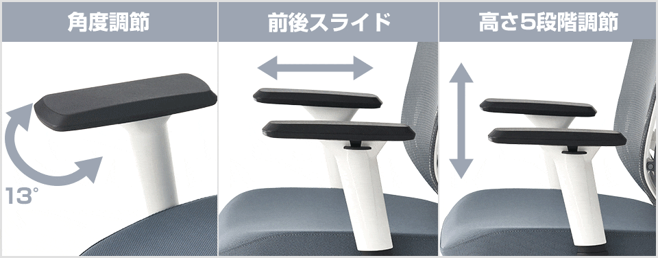角度・位置・高さが調節できる自由度の高い可動肘