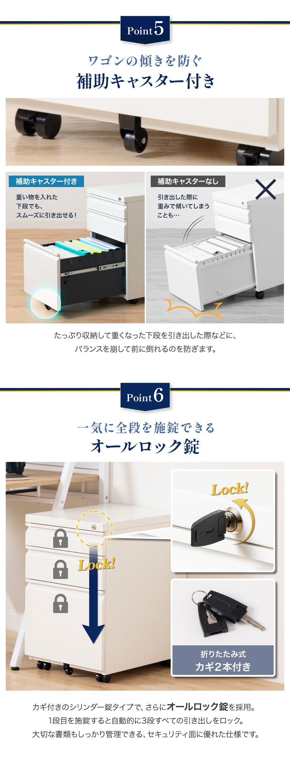 補助キャスターとオールロック錠