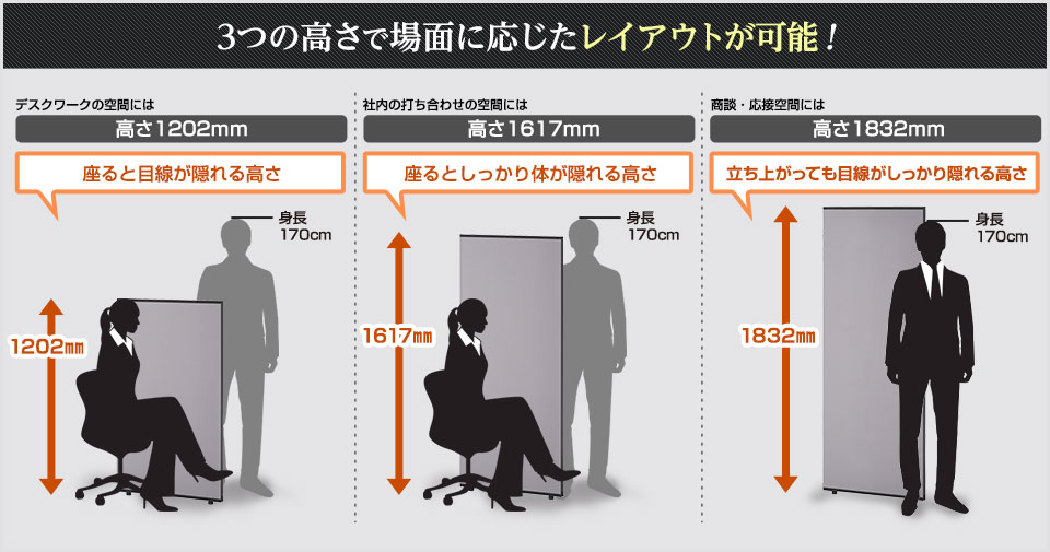目的やシーンに応じて、空間を仕切れる高さ3サイズ