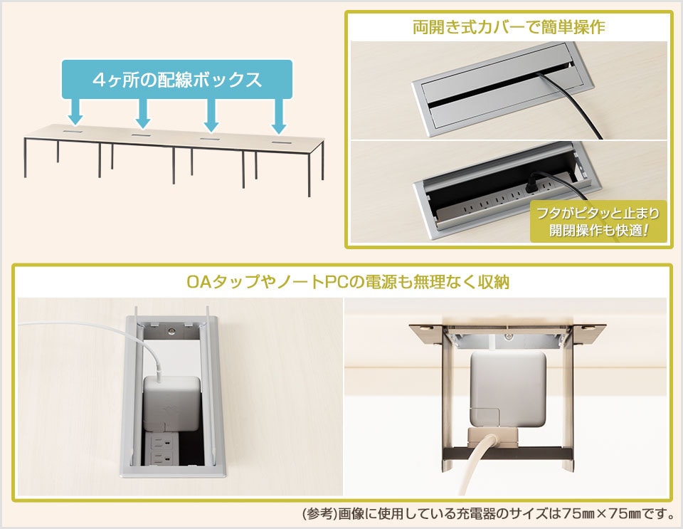 たっぷり収納で机上すっきり。大きめの充電器にも対応する配線ボックス