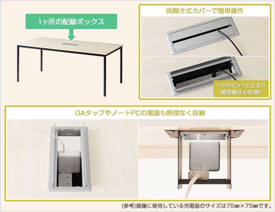 たっぷり収納で机上すっきり。大きめの充電器にも対応する配線ボックス