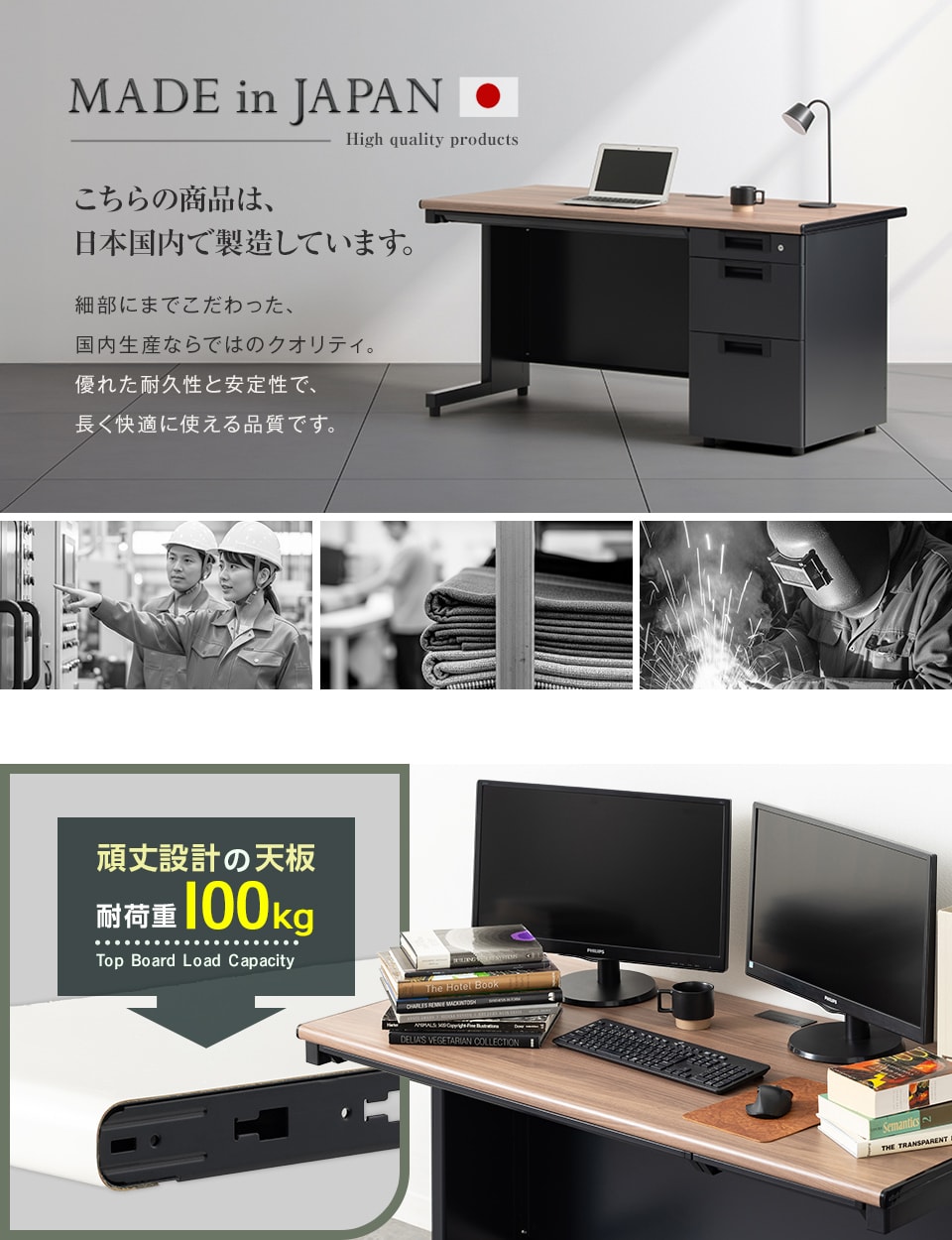 耐荷重100kgの堅牢スチール天板