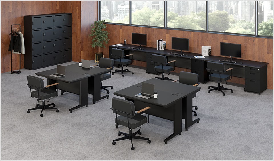 空間が締まるダークトーンで、オフィスに品格と落ち着きを