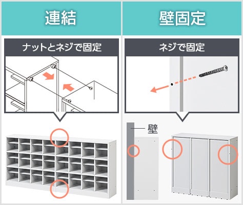 横連結と壁固定で、しっかり設置
