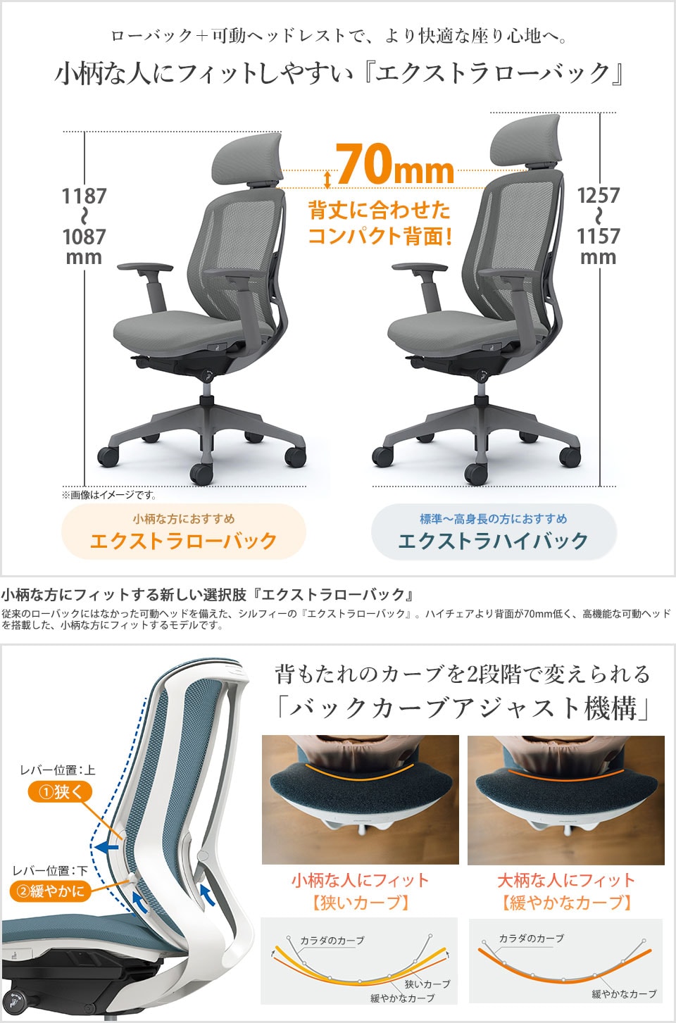座る人の好みに合わせて背もたれのカーブを2段階で調整可能