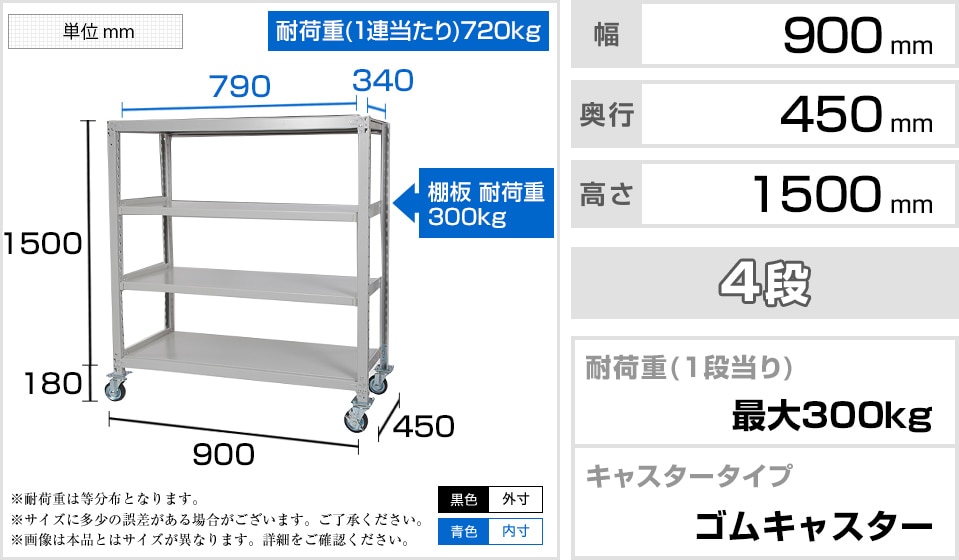 国産スチールラック スチール棚 幅900×奥行450×高さ1500mm キャスター直径130×高さ180mmの通販 | オフィスコム 中量棚300kg/段 天地4段 ゴムキャスター付き 収納棚 最安値定番