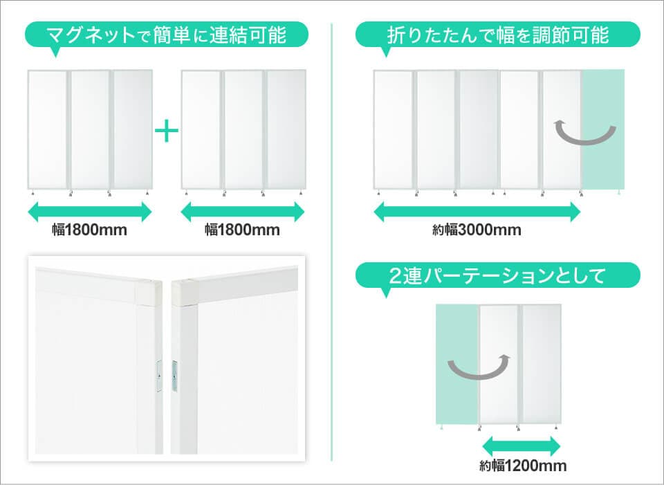 パーテーション同士を簡単に繋げられるマグネット付き