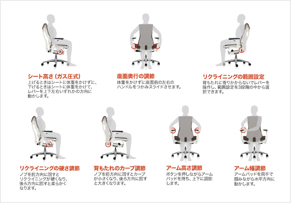 身長や体格、ワークスタイルの違いにもフィットするアジャスタブル機能