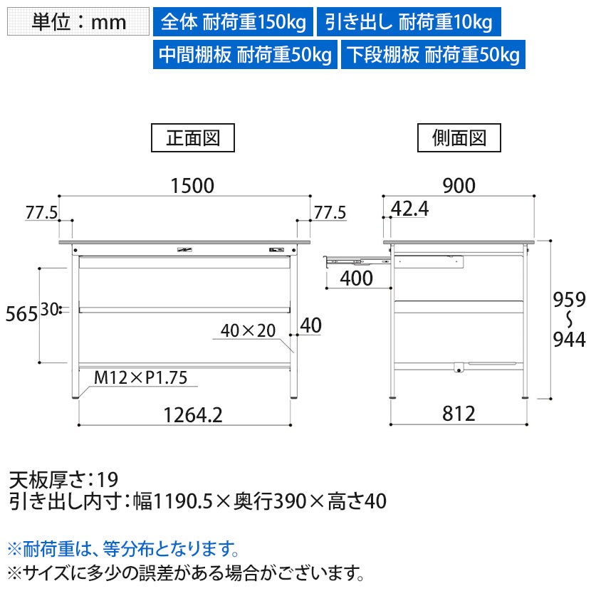 送料無料】 山金工業 軽量作業台 ワイド引き出し付き 中間棚付き 半面 