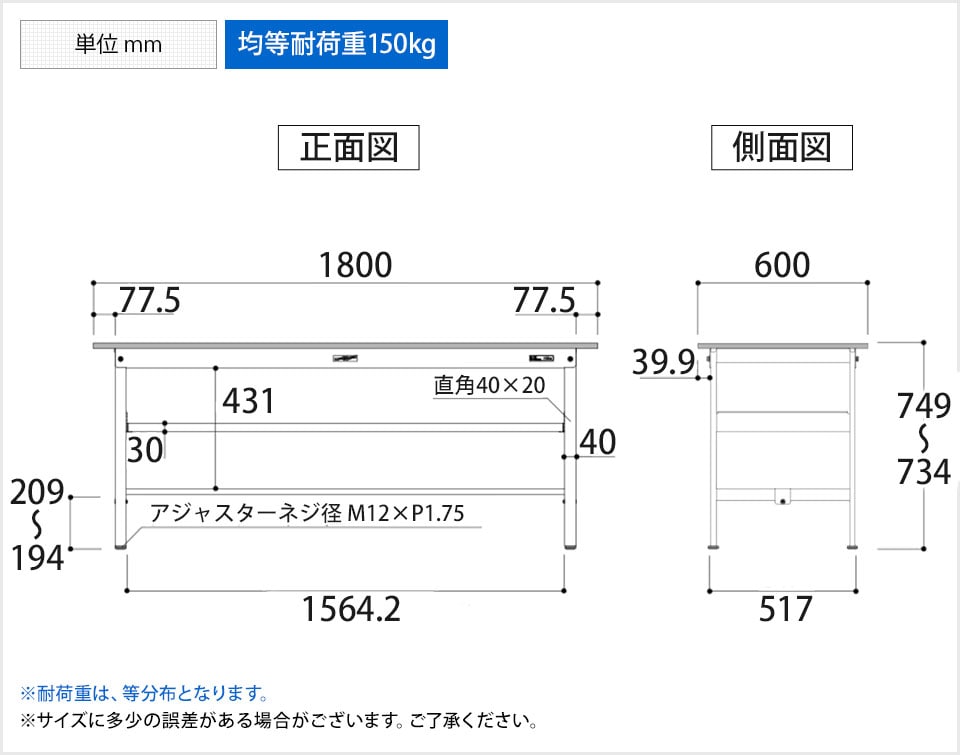 YA-P-1860F-WW 商品サイズ1
