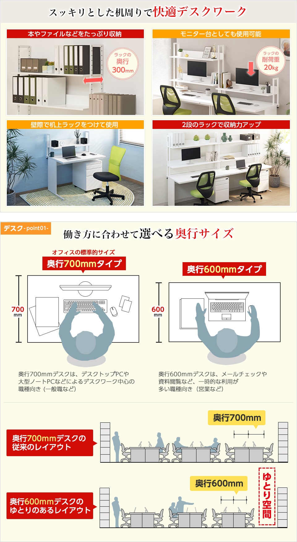 PC作業などデスクワーク中心の方には、机上を広く使える奥行700mm