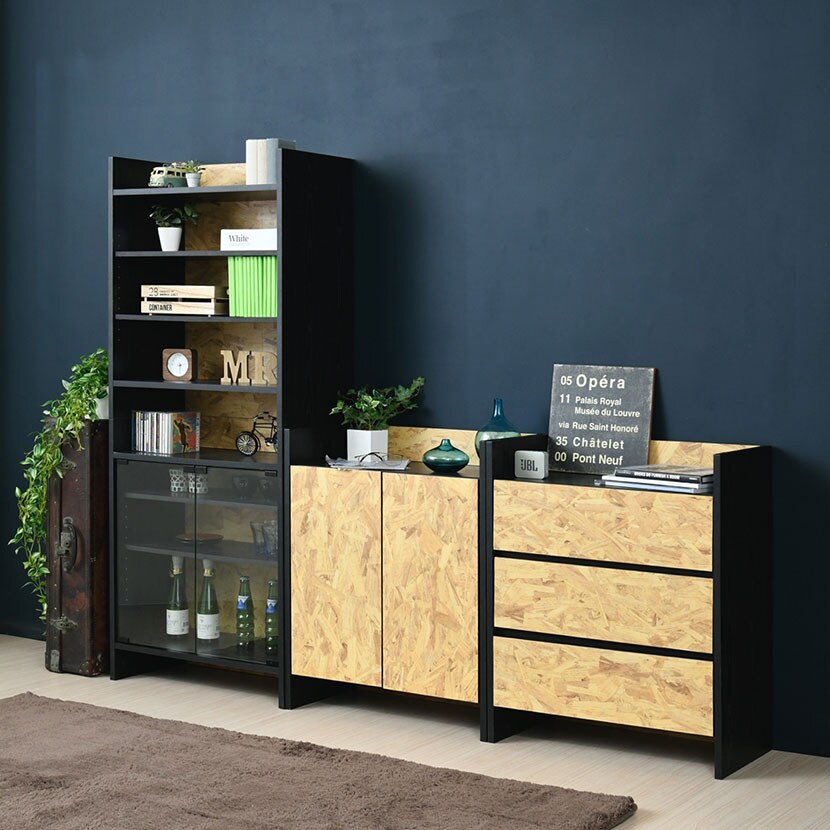 ガラスキャビネット コレクションラック スタッキング 黒 飾り棚 インダストリアル Osb 家具 モダン ラック 収納 本棚 リビング収納 おしゃれの通販 送料無料 オフィスコム