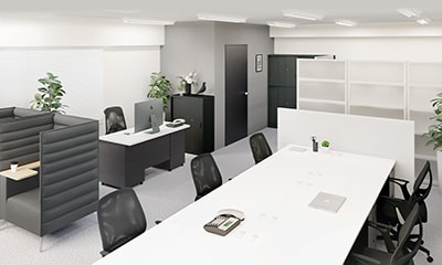 【約14坪・7人用】小規模で叶えるおしゃれで多機能なモノトーンオフィス